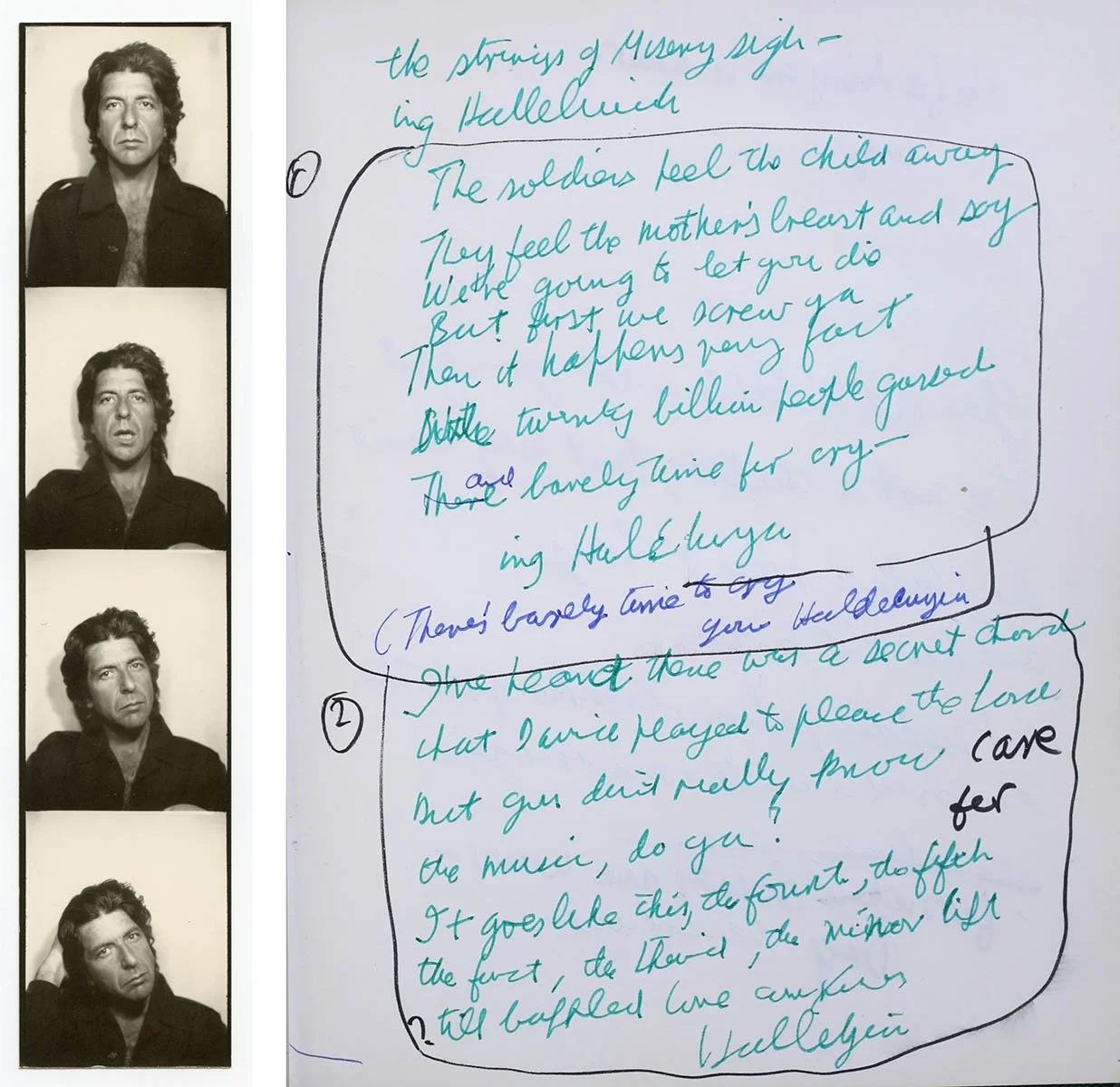 Portraits of Leonard Cohen with a journal of his famous song "Hallelujah".