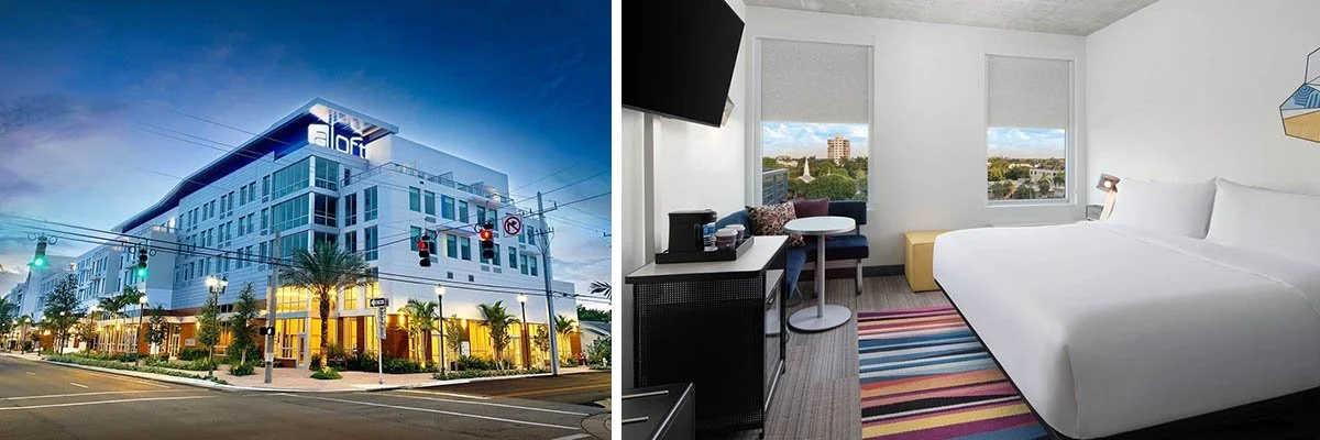 The bright white interior and exterior of Aloft Delray Beach in Florida.