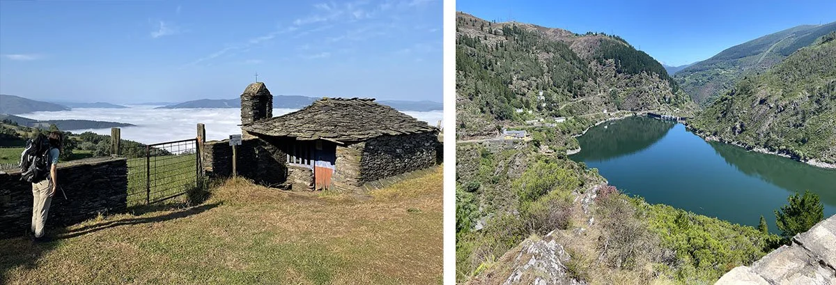 A bright blue reservoir in between mountains along the Camino Primitivo.