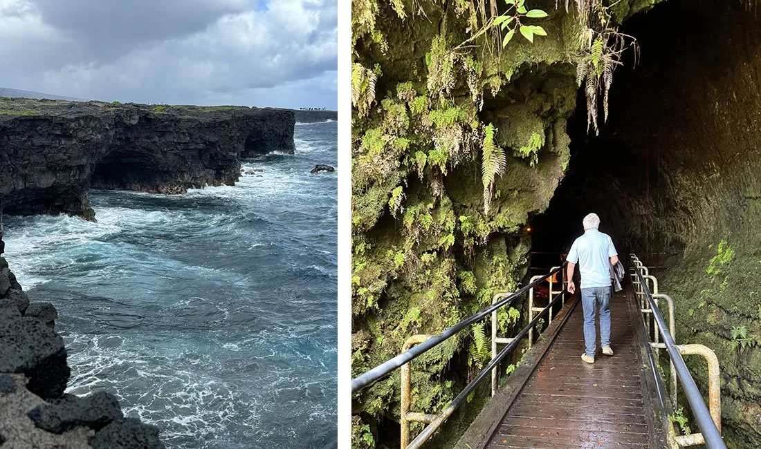 A man walks through the Lava Tubes in Volcanoes National Park and the rocky end of the Chain of Craters Road.
