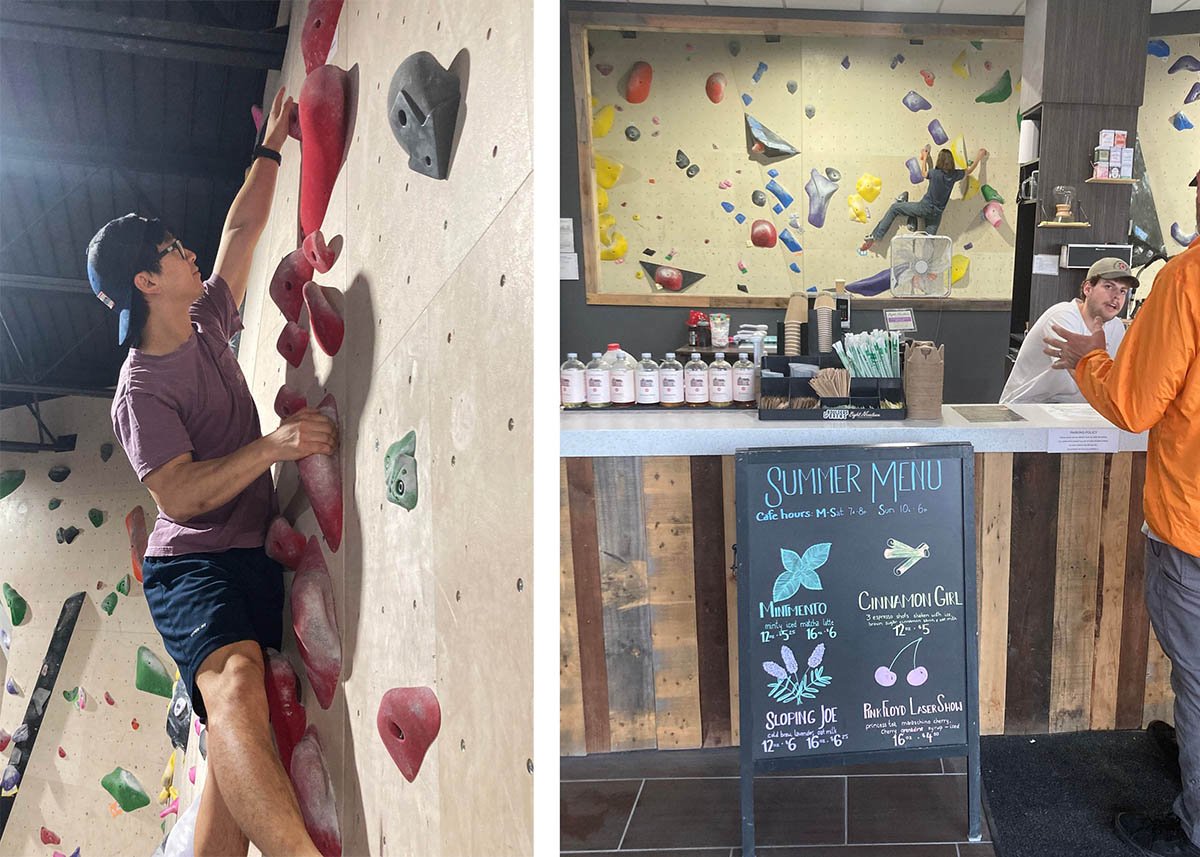 A man rock climbs inside Arkansas' Boulders and Brews.