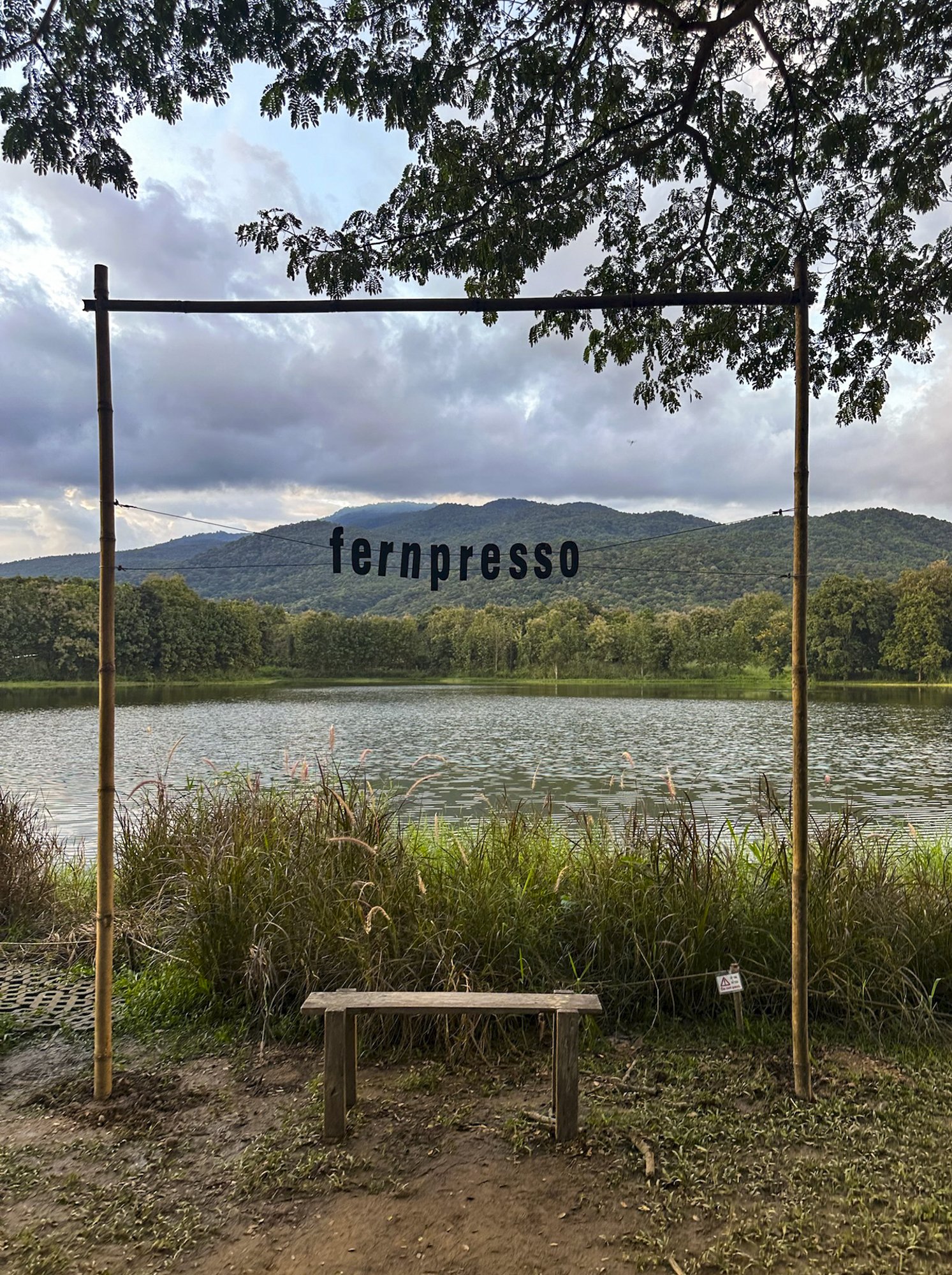 A bench under a "fernpresso" sign in front of Lake Aunjai and Doi Suthep.