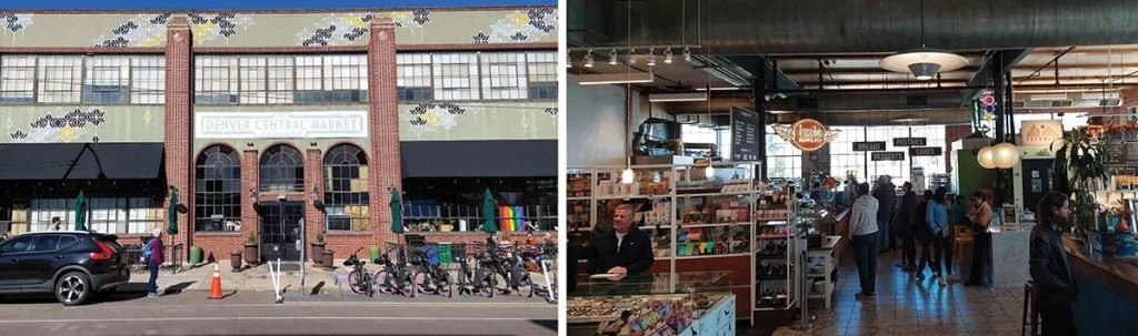 The interior and exterior of the Denver Central Market.