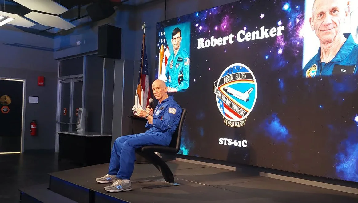 Payload specialist Robert Cenker flew on the Space Shuttle Columbia, Mission 61-C and is taking questions from the audience.