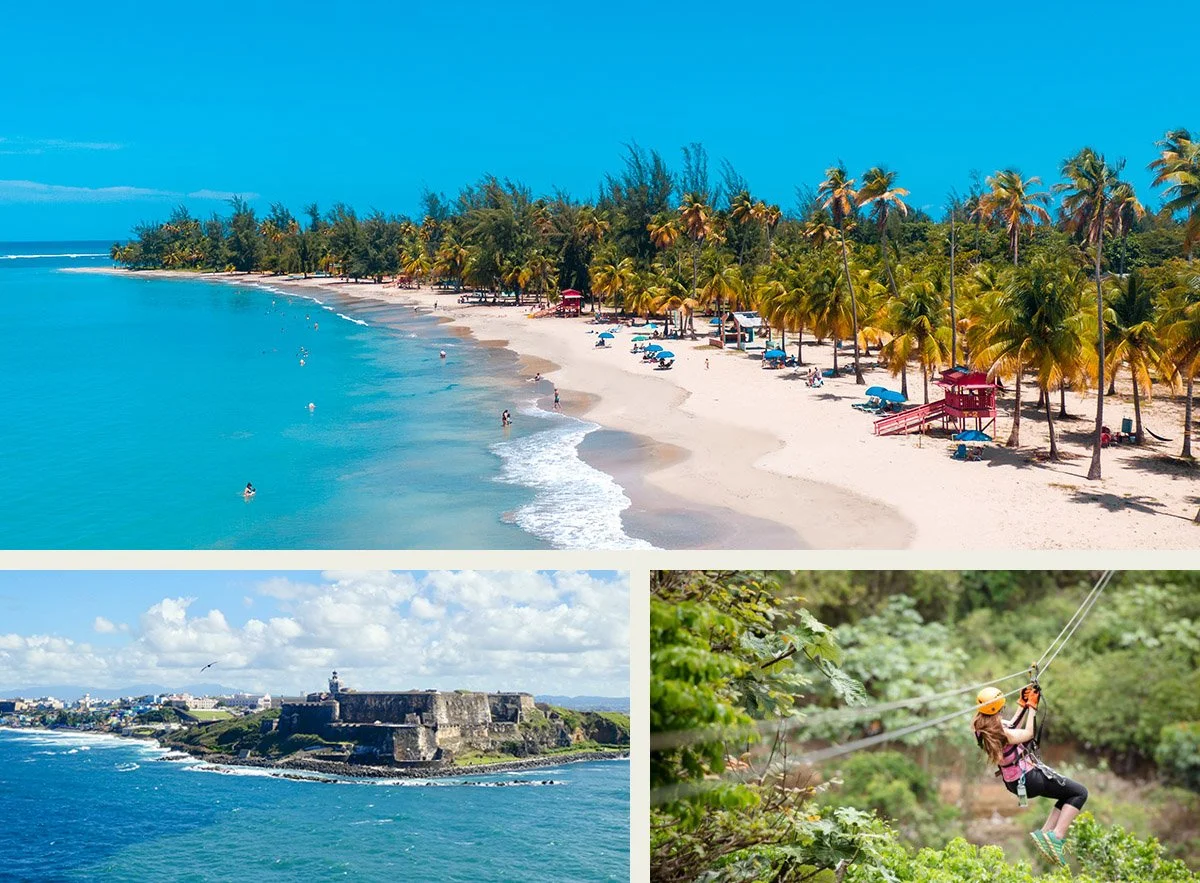 The bright blue waters of La Monserrate Beach in Luquillo and a zipliner of the Toro Verde Adventure Park.