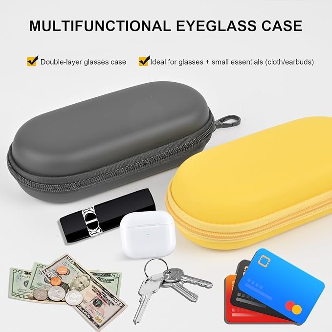 Sturdy Glasses case stores sun and regular glasses together.