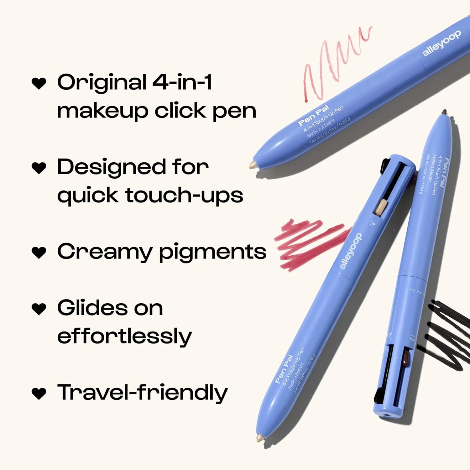 Alleyoop Pen Pal 4-in-1 Makeup Pen – Comes with Eyeliner, Lip Liner, Highlighter Makeup & Eyebrow Pencils for Women – Portable, Touch-Up On the Go
