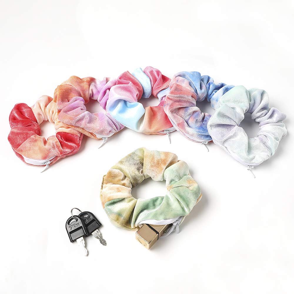 Store small valuable in this zippered scrunchy. Solid colors available.