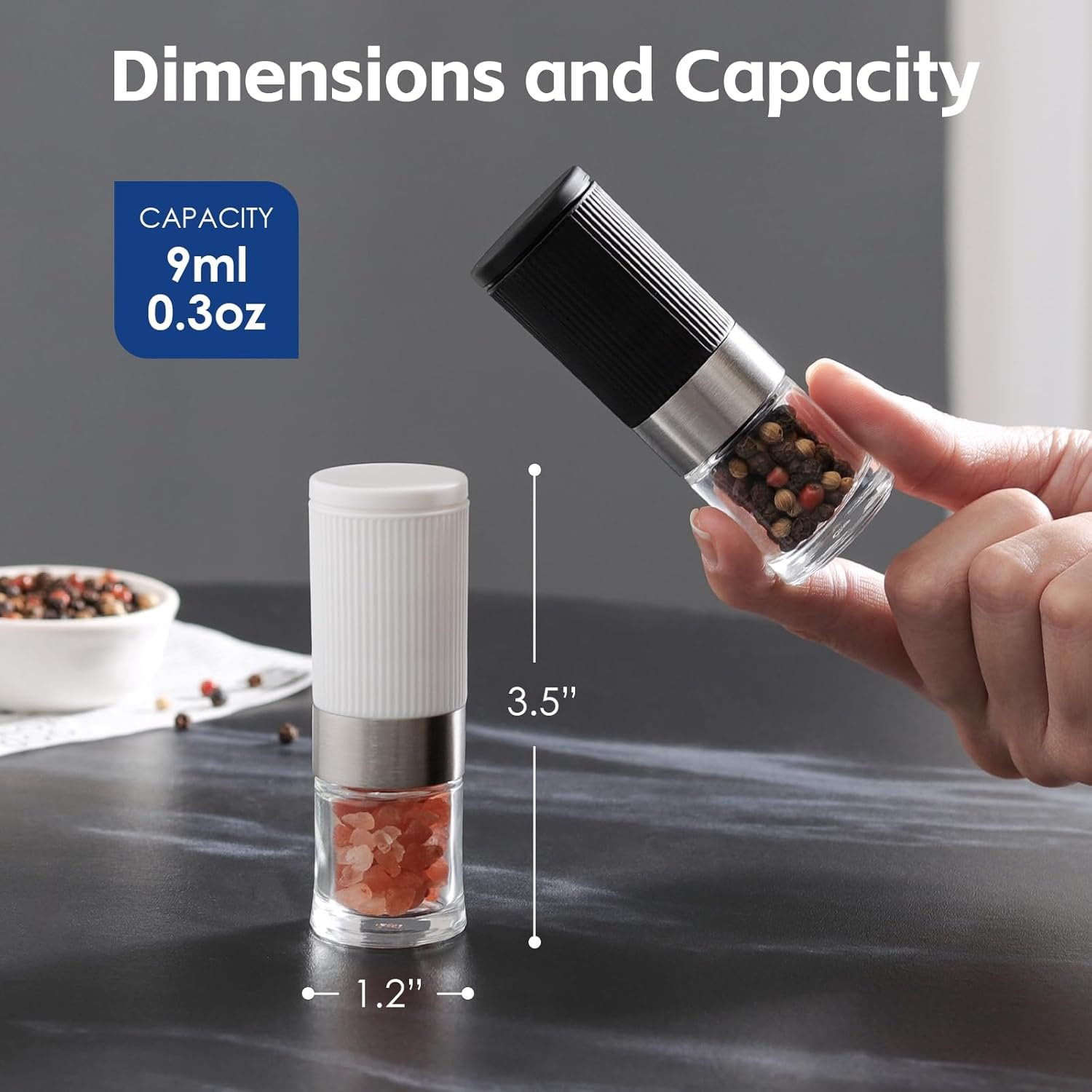 Mini Sea Salt and Pepper Grinder Set Black and White with Bag and Funnel, Small Travel Portable Spice Tools, Adjustable Coarseness, Refillable