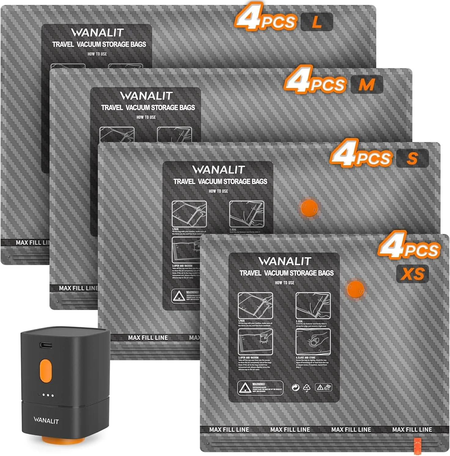 Travel Vacuum Storage Bags with Wireless Rechargeable Electric Pump. 16 pack.