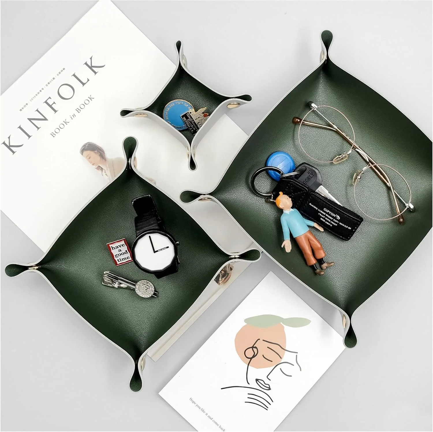 Leather Valet Tray with snaps. Handy while traveling or at home. Keeps everything together on the nightstand and inflight.