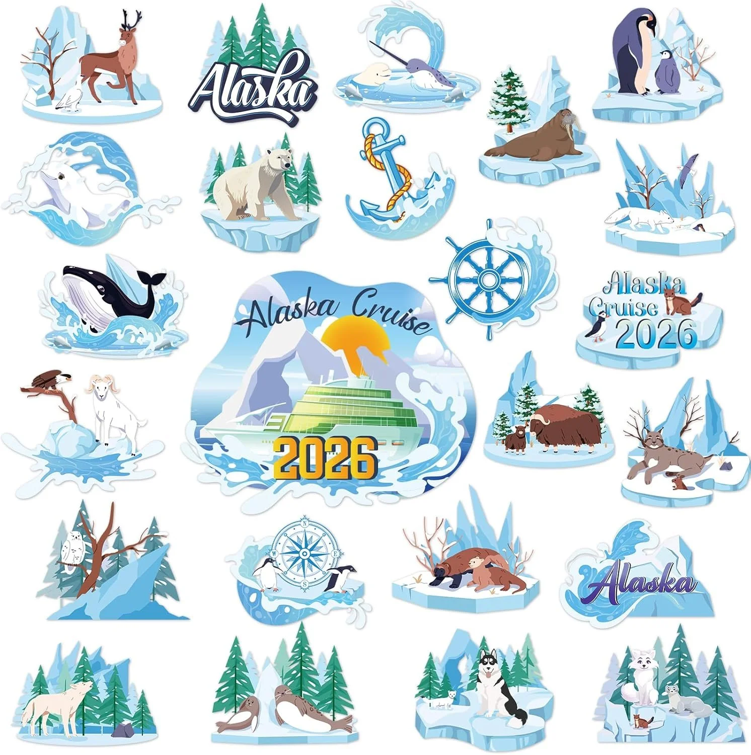 Alaska Cruise Door Decorations - 24 PCs Glacier Cute Animals Magnets 2026 Ship Cabin Magnetic Stickers