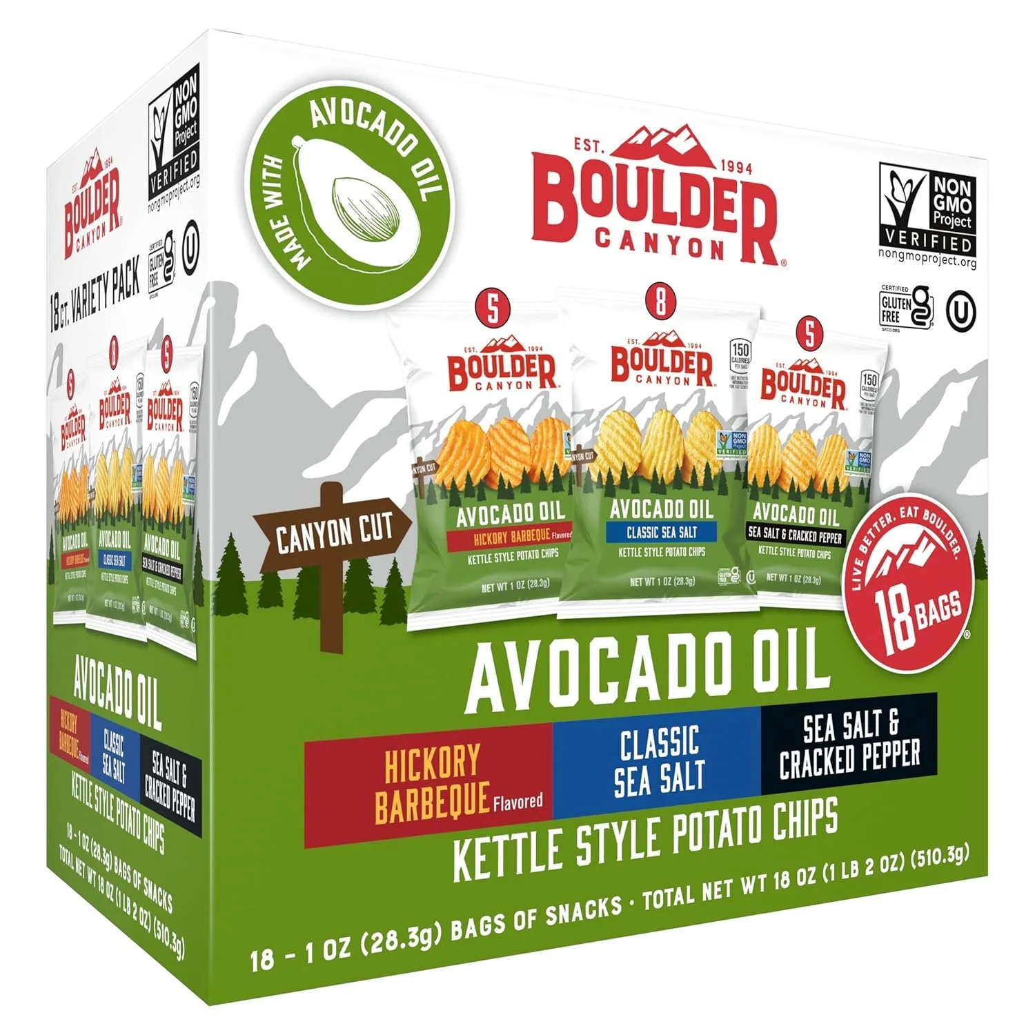 
Boulder Canyon Avocado Oil Kettle Style Potato Chips Variety Pack, 18 Count -