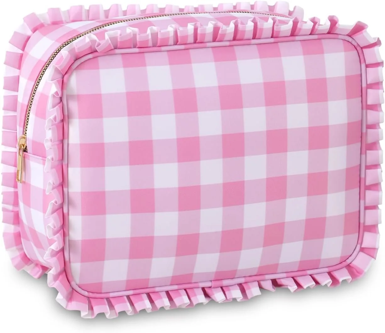 Gingham Ruffle Makeup Bag,Large Travel Cute Cosmetic Bag  10.8 x 4.5 x 8 inch Assorted colors.