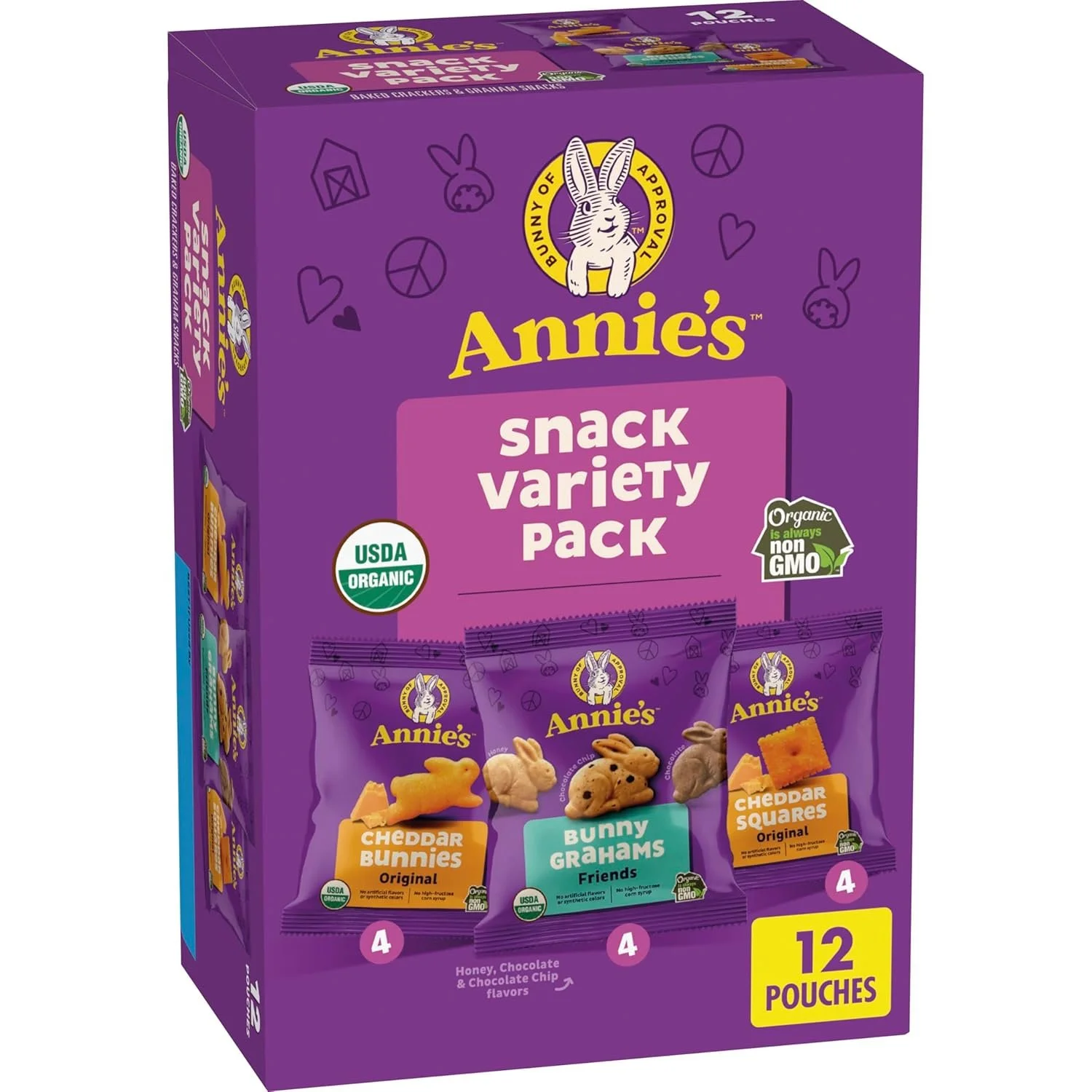 Annie's Organic Variety Pack, Cheddar Bunnies, Bunny Grahams and Cheddar Squares, 12 Pouches