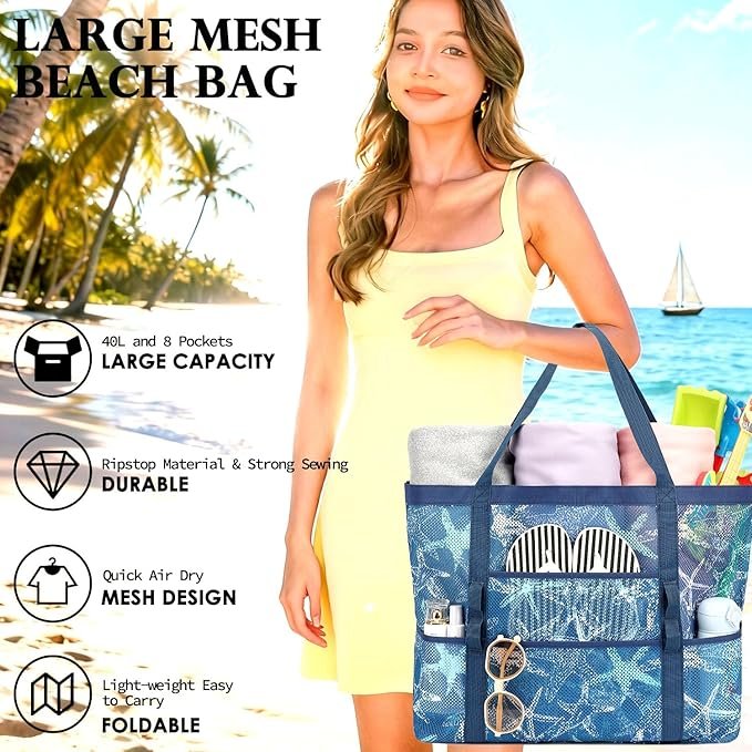 Mesh Beach Bag, Large Beach Tote with Zipper Pocket for Family Pool Bag, suitable for laundry bag in hotel as well