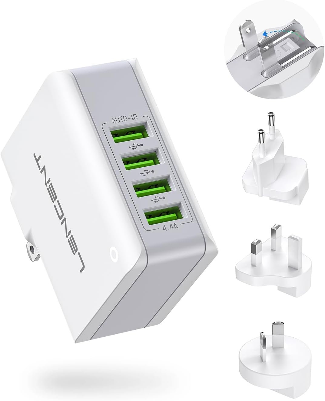 Versatile charger plug with assorted adapters. Keeps you charged no matter where you are.