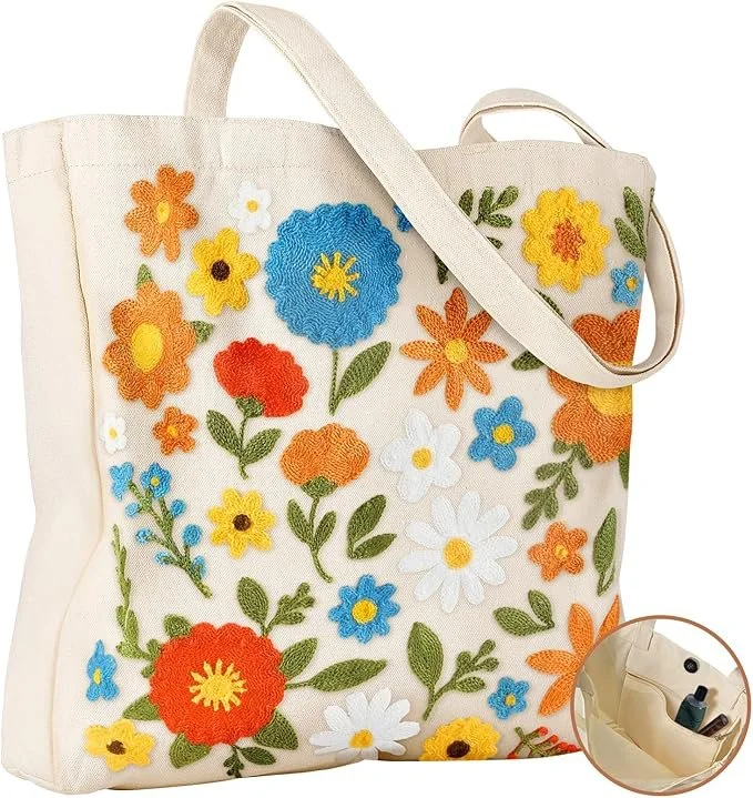 Embroidered tote with pocket for beach, pool or shopping onshore.
