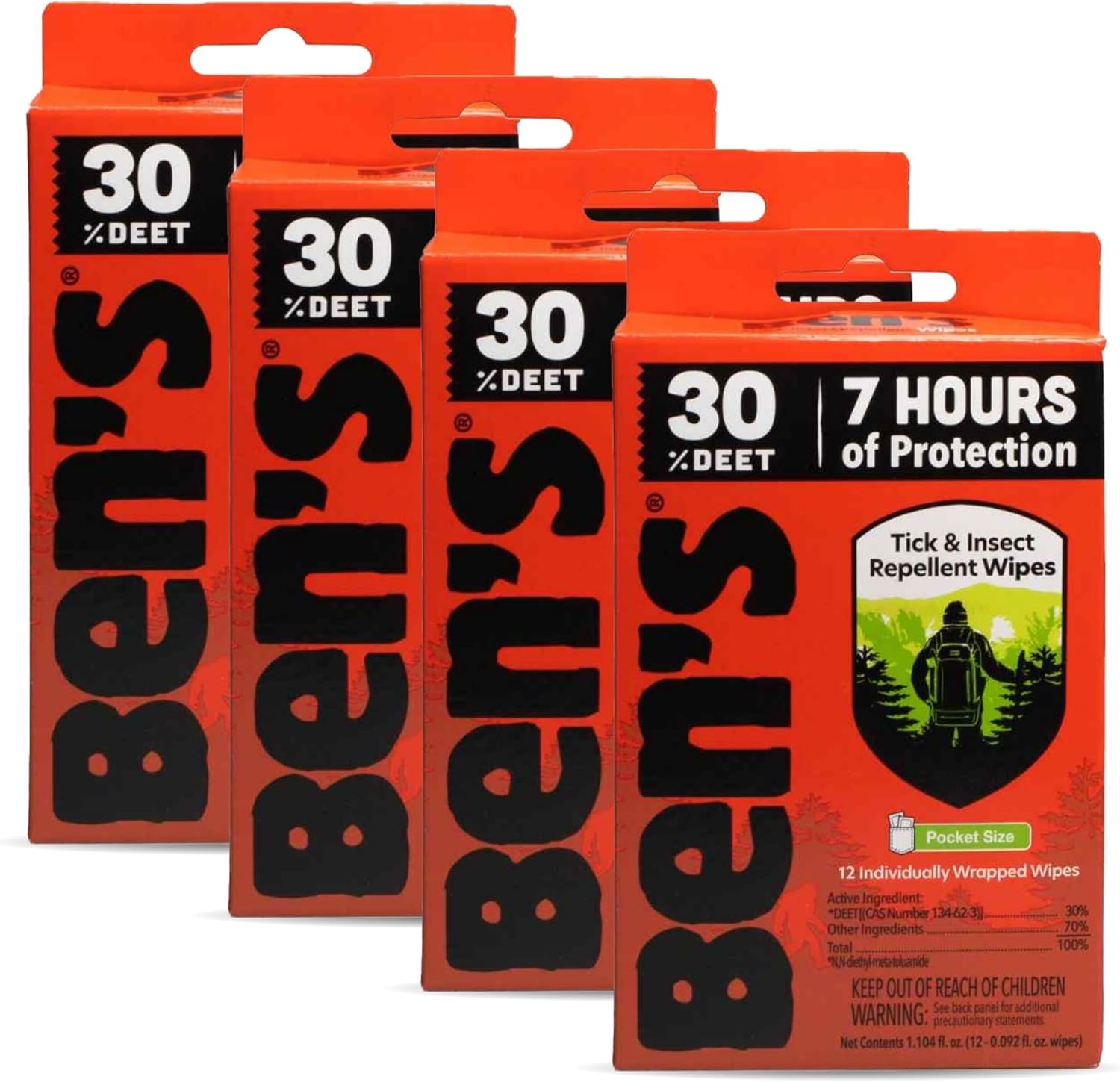 Ben's Wipes 12 wipes per pack.  Highly recommended for tropical or safari travel.