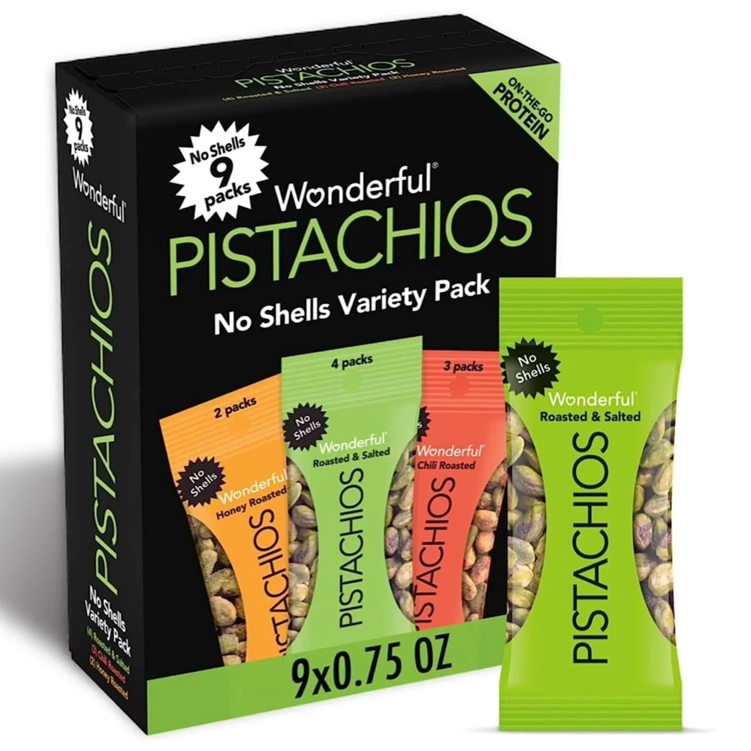  Pistachios No Shells, 3 Flavors Mixed Variety Pack of 9 (0.75 Ounce), Roasted & Salted Nuts (4), Chili (3), Honey (2), Protein Snacks