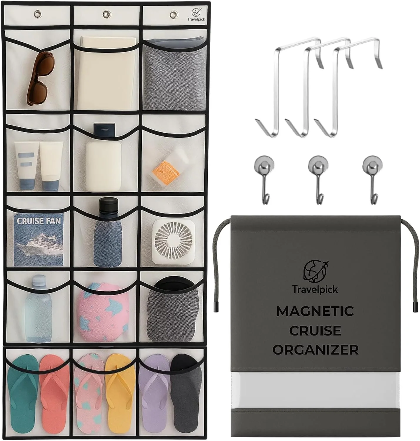 Over Door Shoe Organizer with Magnetic Hooks for cruise cabins.