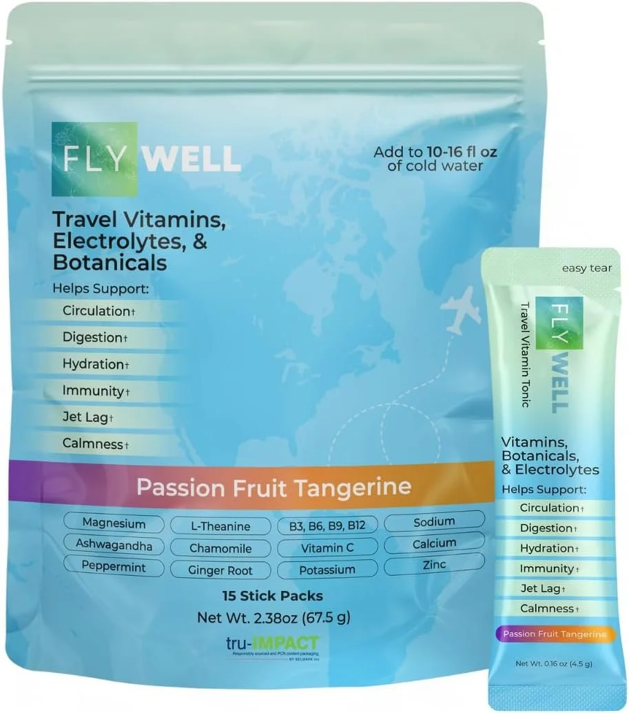 FlyWell Travel Vitamin Tonic for Flight, Jet Lag, Hydration, Circulation, Digestion.