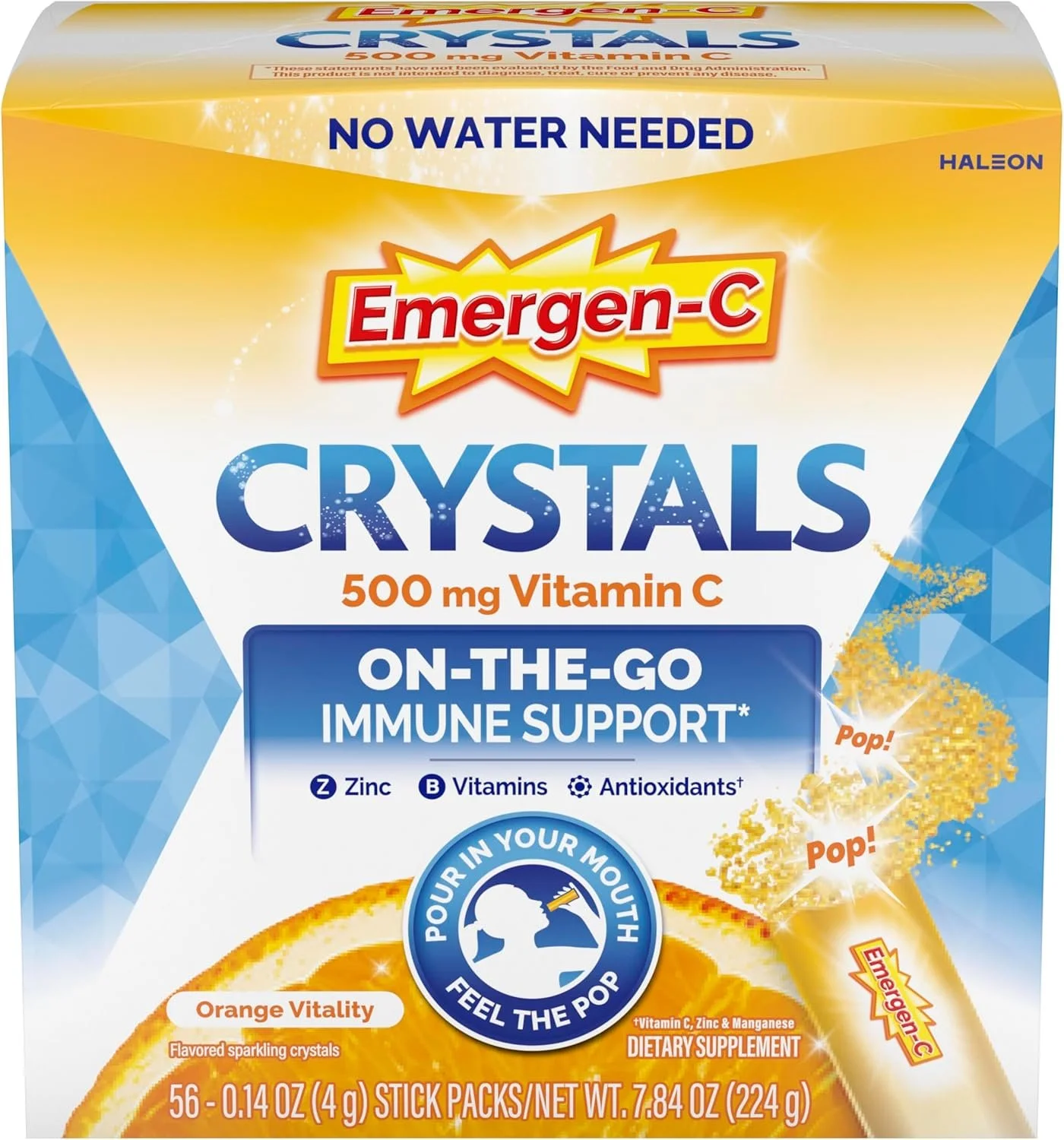 Emergen-C Crystals, On-the-Go Emergen-C Immune Support Supplement with Vitamin C, B Vitamins, Zinc and Manganese, Orange Vitality - 56 Stick Packs