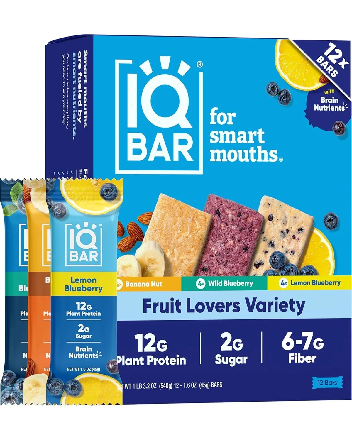 IQBAR Brain and Body Plant Protein Bars - Fruit Lovers Variety - 12-Count Low Carb - Gluten Free, High Fiber, Vegan Snacks