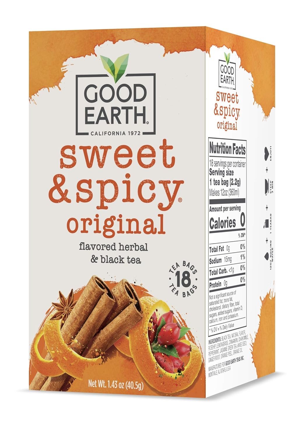Good Earth Herbal & Black Tea, Sweet & Spicy, 18 Count Tea Bags (Pack of 6) So tasty!