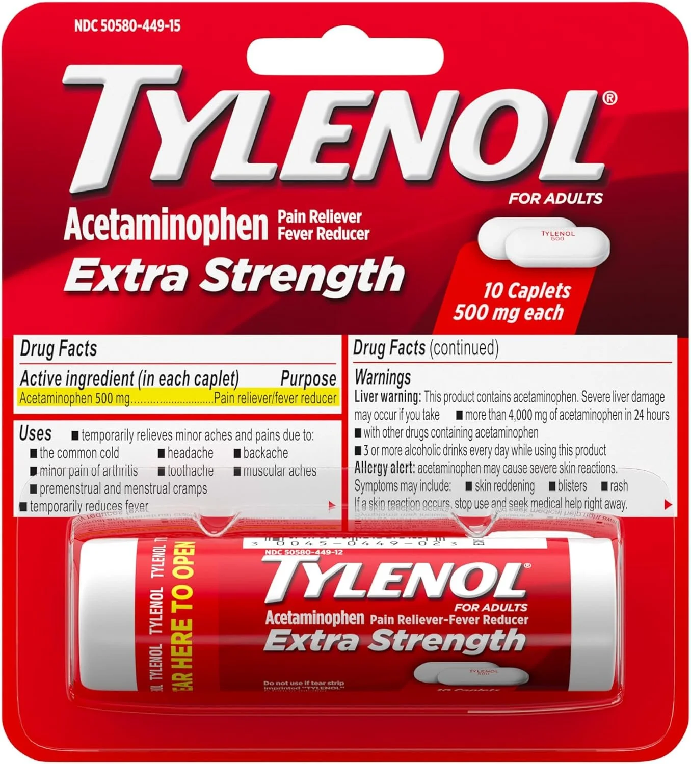 Tylenol 10 Count compact tube.
