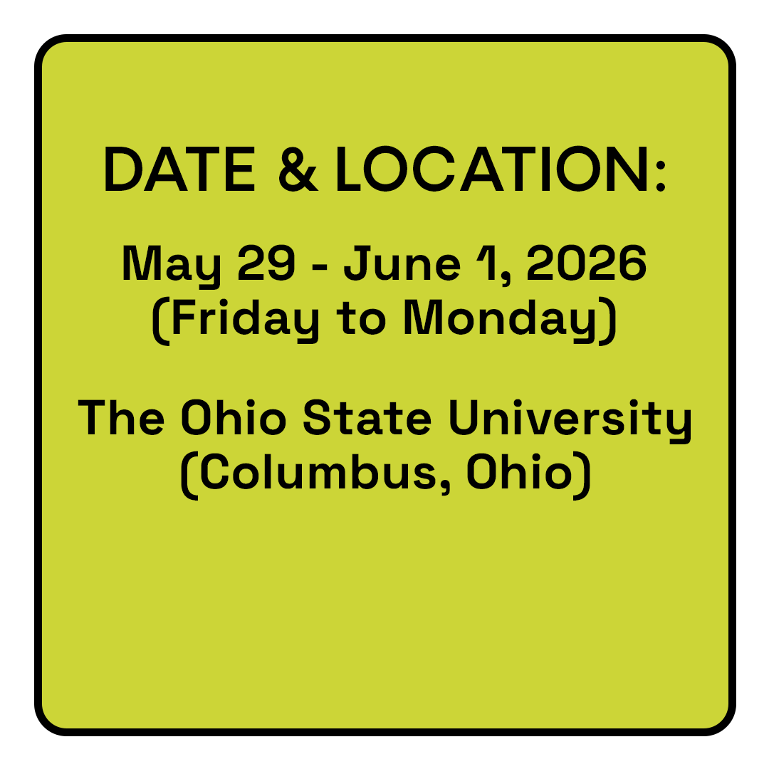 Event details card with green background and black text, showing dates May 29 - June 1, 2026, at Ohio State University in Columbus, Ohio.