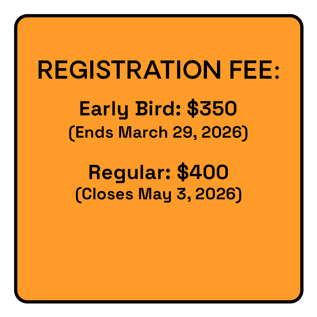 Sign displaying registration fees with early bird price of $350 ending March 29, 2026, and regular price of $400 closing May 3, 2026.