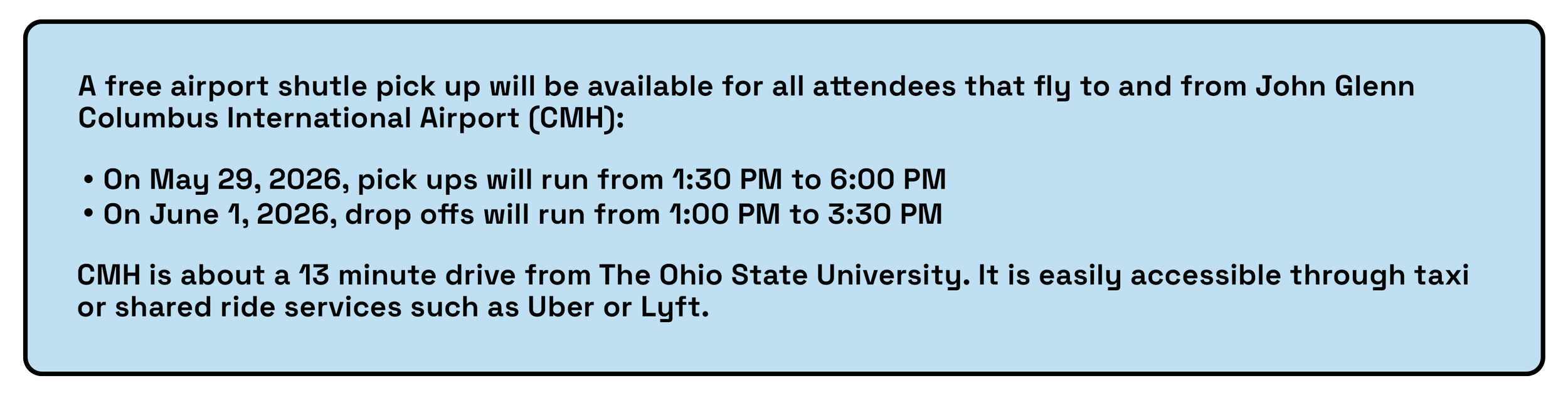 Information about free airport shuttle pick-up and drop-off at John Glenn Columbus International Airport, including dates, times, and transportation options.