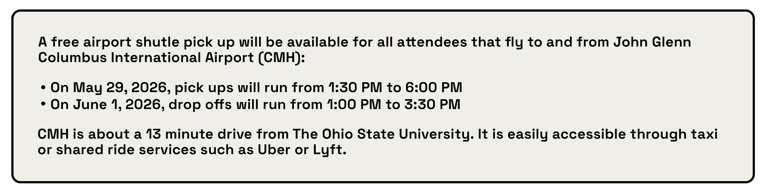 Information about free airport shuttle pick-up and drop-off schedules at John Glenn Columbus International Airport, including dates, times, and accessibility details.