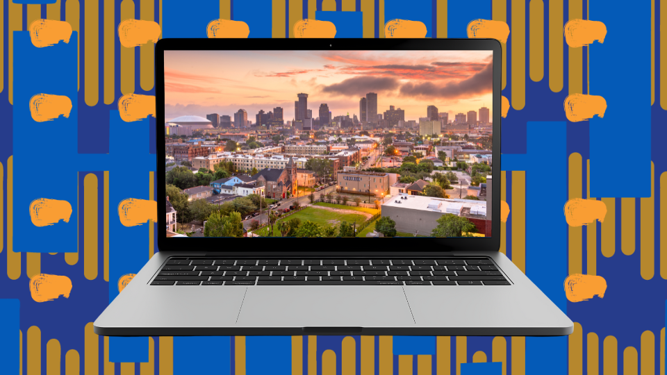 Computer screen with New Orleans Skyline. 