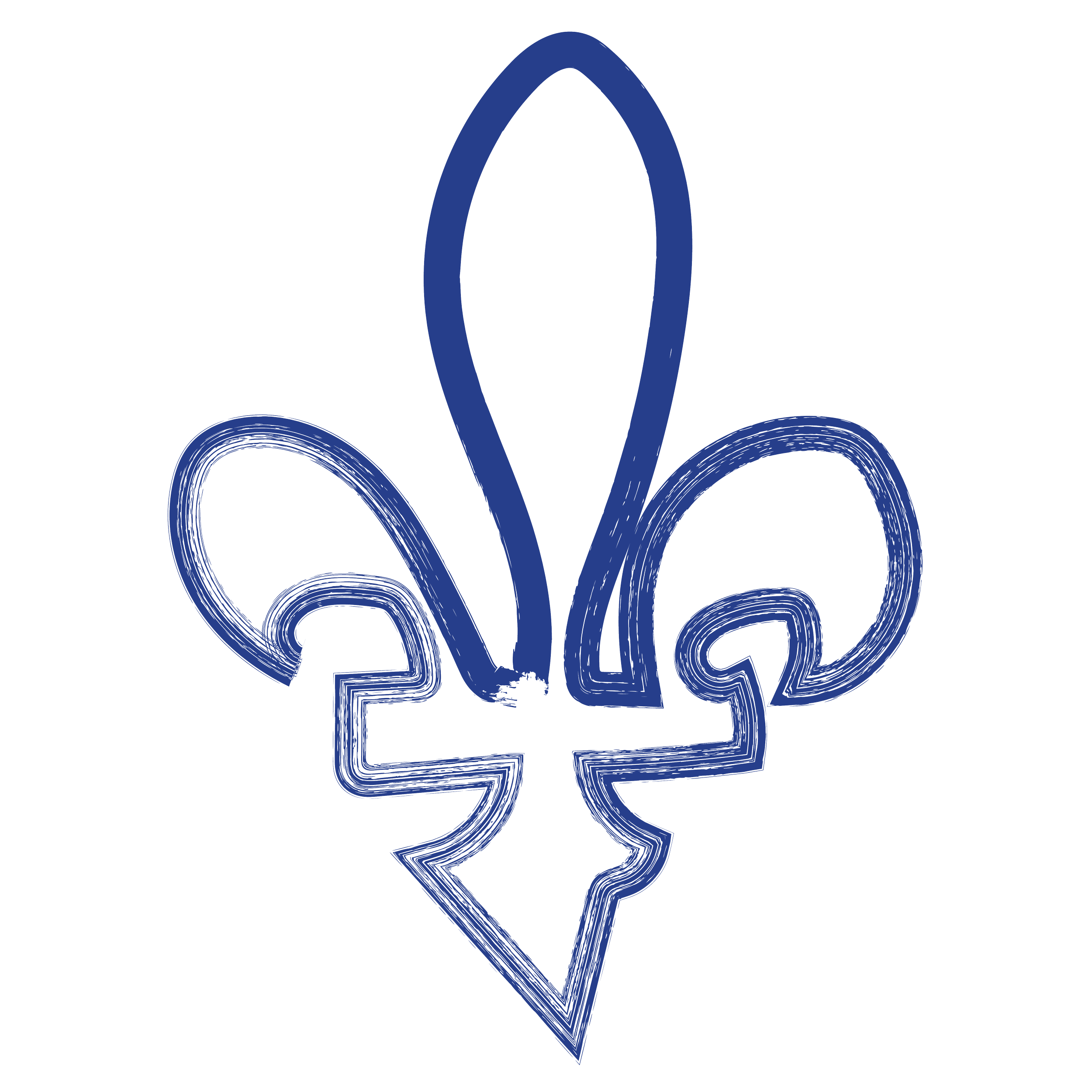 A stylized blue fleur-de-lis symbol with a textured outline on a black background.