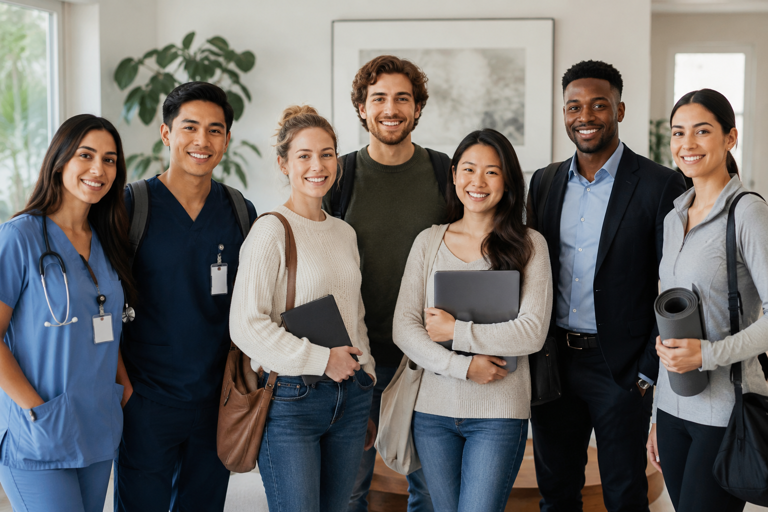Group of seven diverse young adults, including medical professionals, smiling and standing together indoors with a plant and artwork in the background.