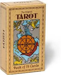 Box of Tarot cards with colorful artwork showing angels, a wheel, and clouds.