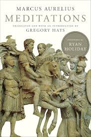 Book cover titled 'Meditations' by Marcus Aurelius, featuring a bronze or stone sculpture of Roman soldiers and a thinker.