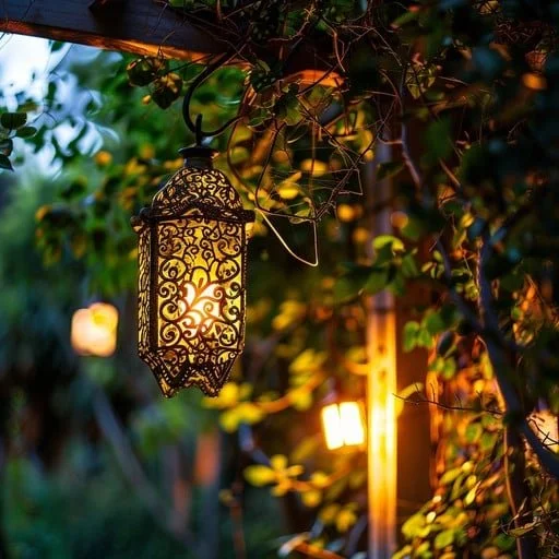 Decorative lantern hanging among green foliage illuminated in outdoor setting during evening.
