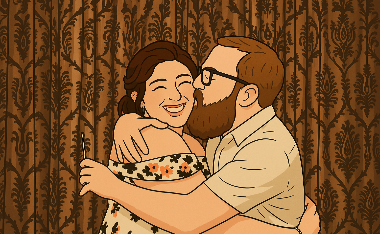 A cartoon illustration of a couple happily embracing and kissing each other, with a patterned brown background.