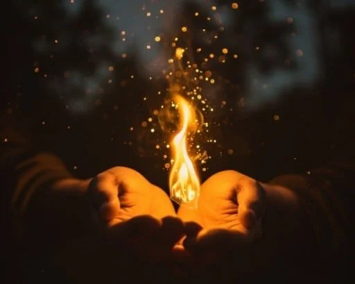 Person holding out hands with a small flame and sparks in the dark.