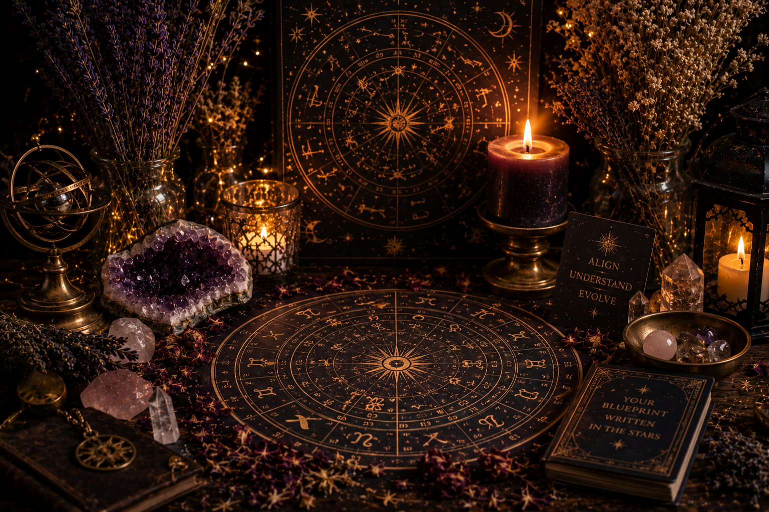 Two people analyzing an astrological chart on a table, with one holding a lit candle and the other pointing at the chart, surrounded by small stones and additional papers.