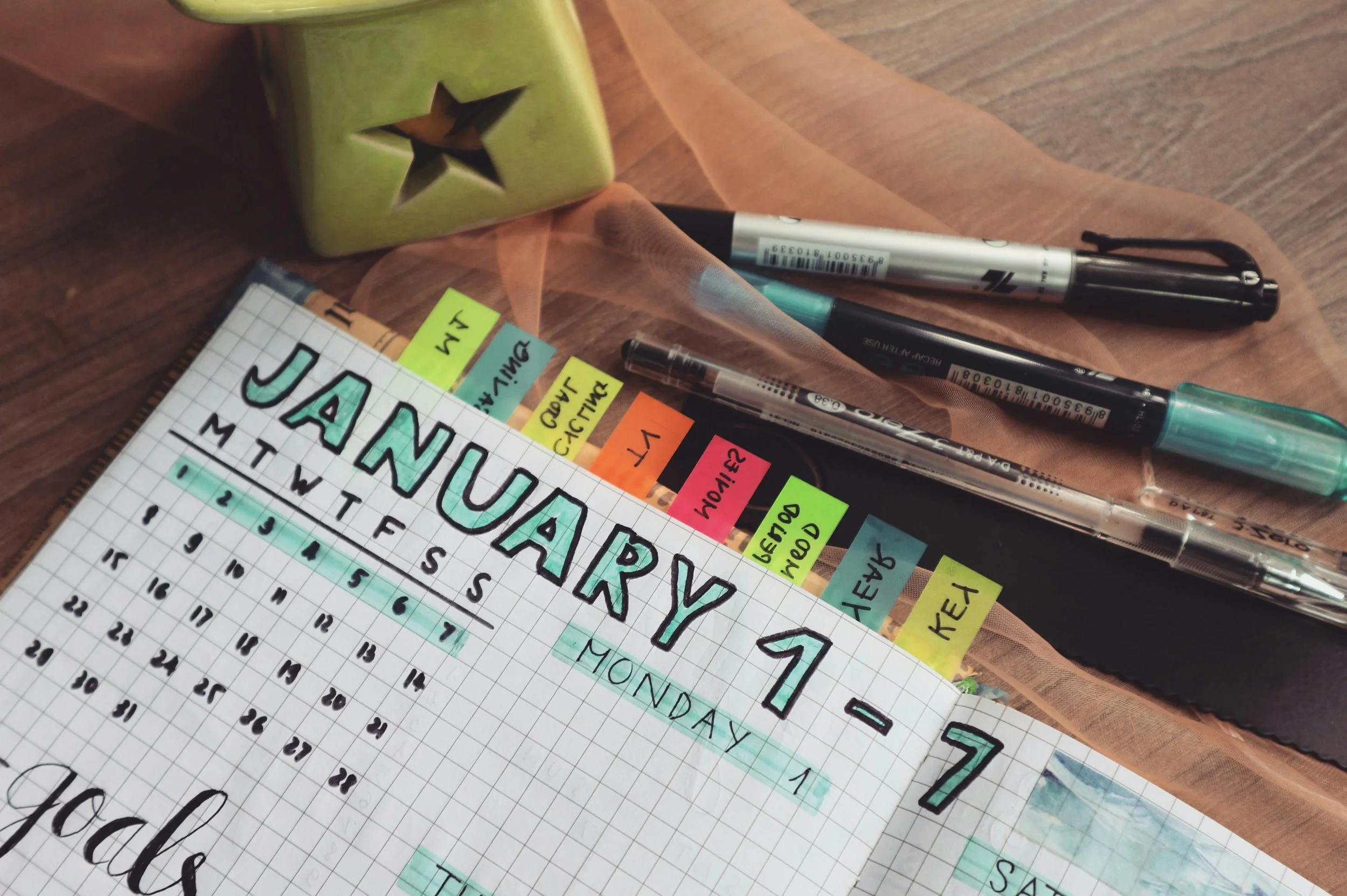 A planner page displaying January 2024 calendar and notes with multiple colorful sticky notes, pens, and a green star-shaped box on a wooden surface.