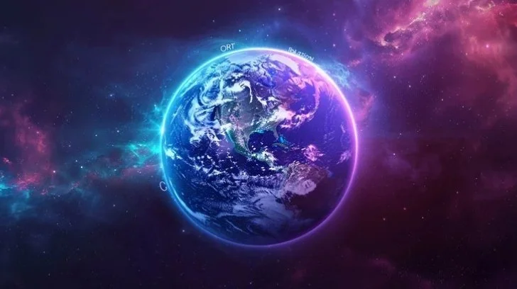 Digital illustration of Earth with glowing outline and colorful space background.