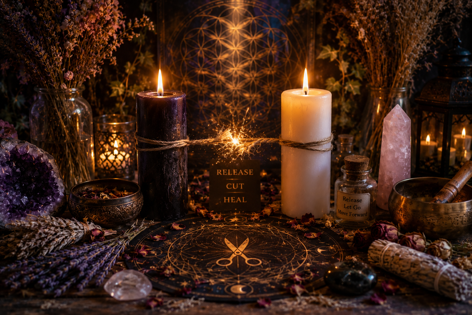 A decorative arrangement with three lit candles, dried flowers, and black peppercorns in a bowl, surrounded by crystals and beads on a wooden surface.