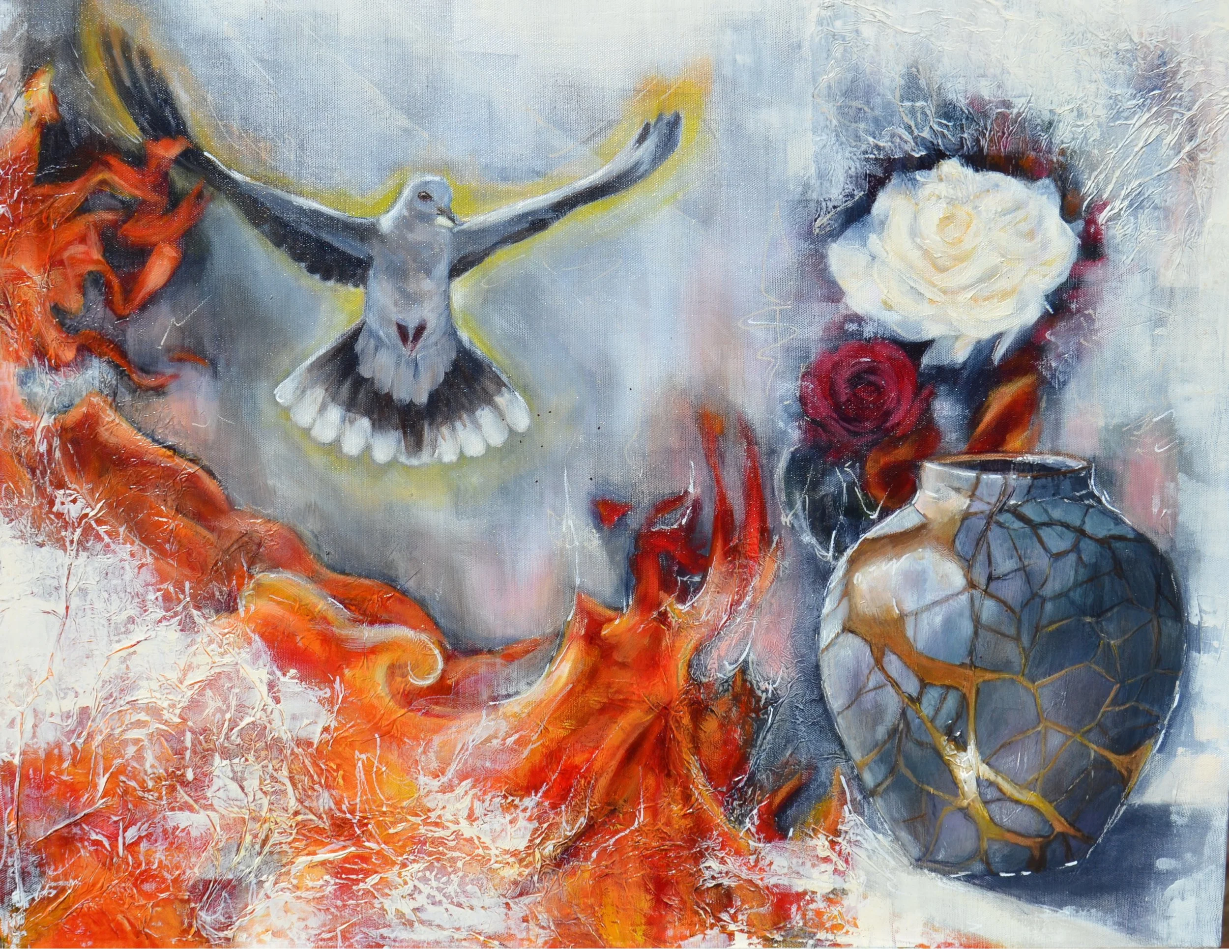 Rescued_Art by Moira Ireland_Dove_Kintsugi_Flames and Fire_Roses.JPG