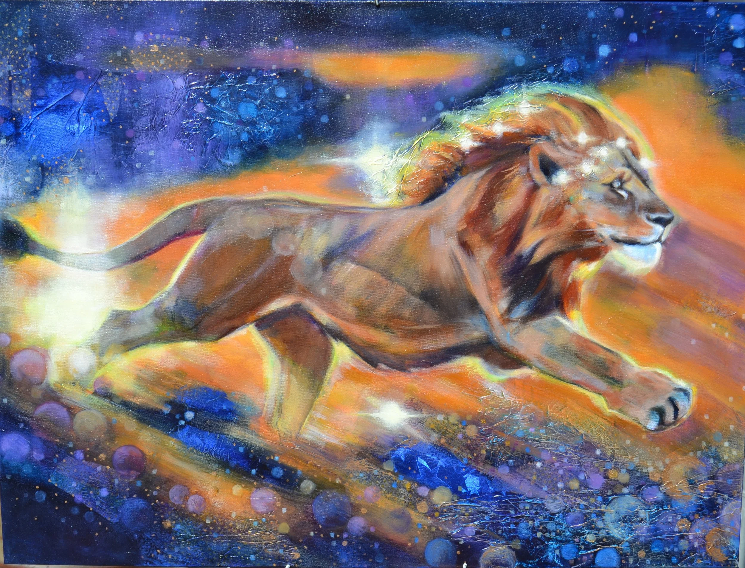 Momentum_Art by Moira Ireland_Lion_Running_Stars_Light_Gold_Purple_Crown.JPG