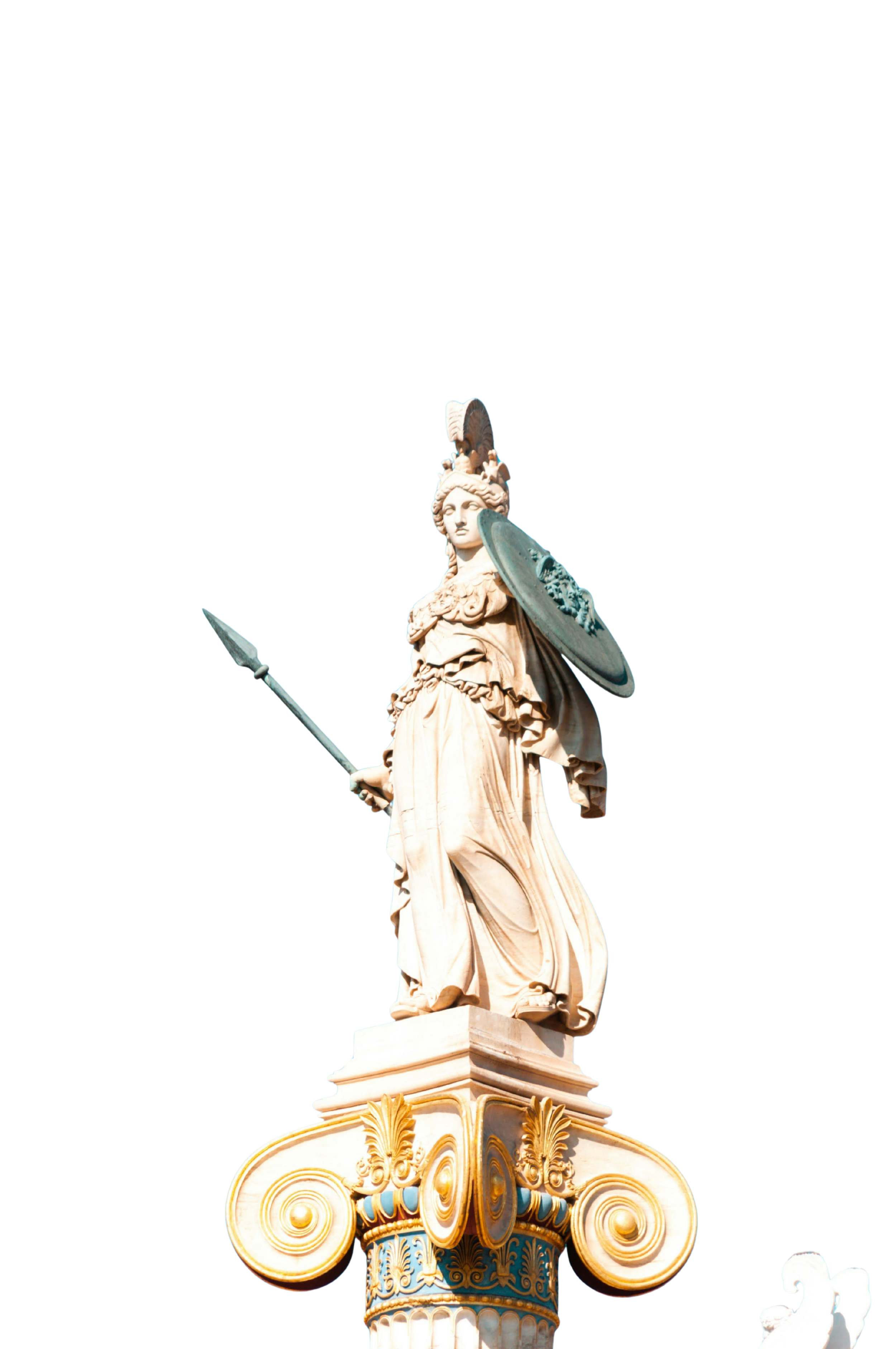 A classical sculpture of a woman dressed in a flowing gown, standing with a shield and spear, atop an ornately decorated column.