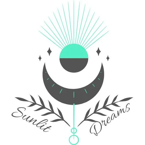 A celestial-themed logo with a stylized crescent moon, a circle above it, and rays emanating from the circle. The words "Sunlit Dreams" are written in script below the moon, flanked by plant-like leaves.